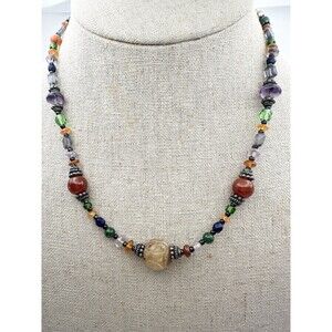 925 Sterling Silver Artisan Made Gemstone Glass Bead Necklace 17”